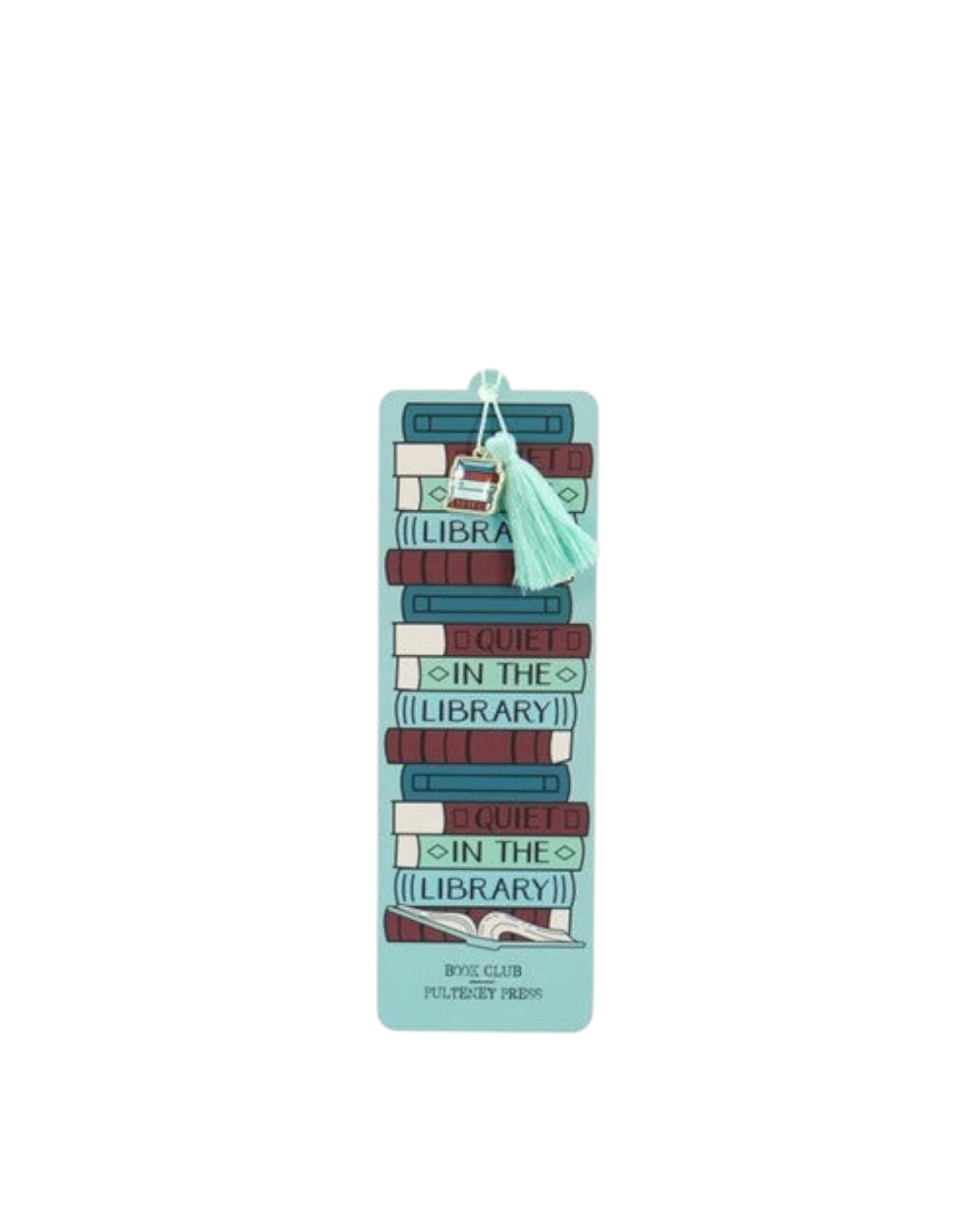 Ripperholics Quiet in the Library paper bookmark featuring a stack of books design with a charm and mint green tassel