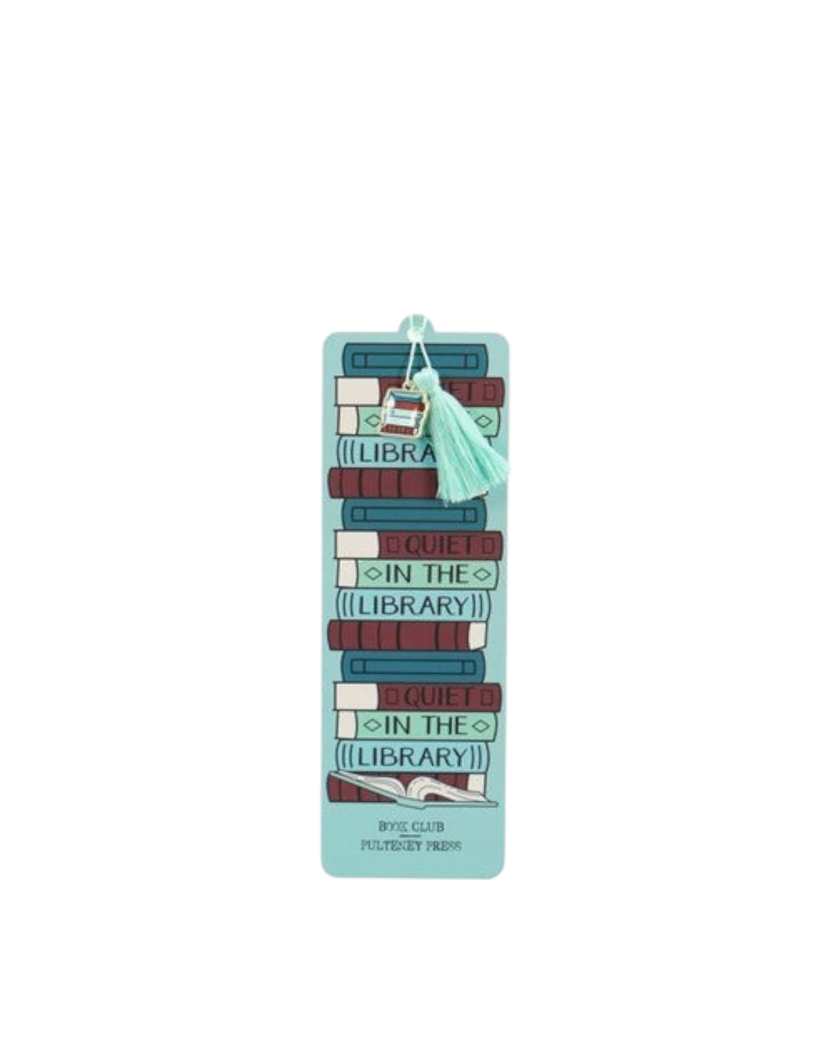 Ripperholics Quiet in the Library paper bookmark featuring a stack of books design with a charm and mint green tassel