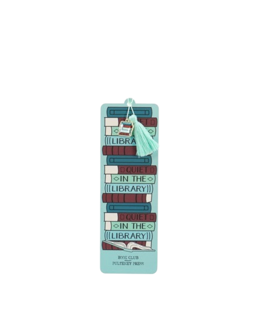 Ripperholics Quiet in the Library paper bookmark featuring a stack of books design with a charm and mint green tassel