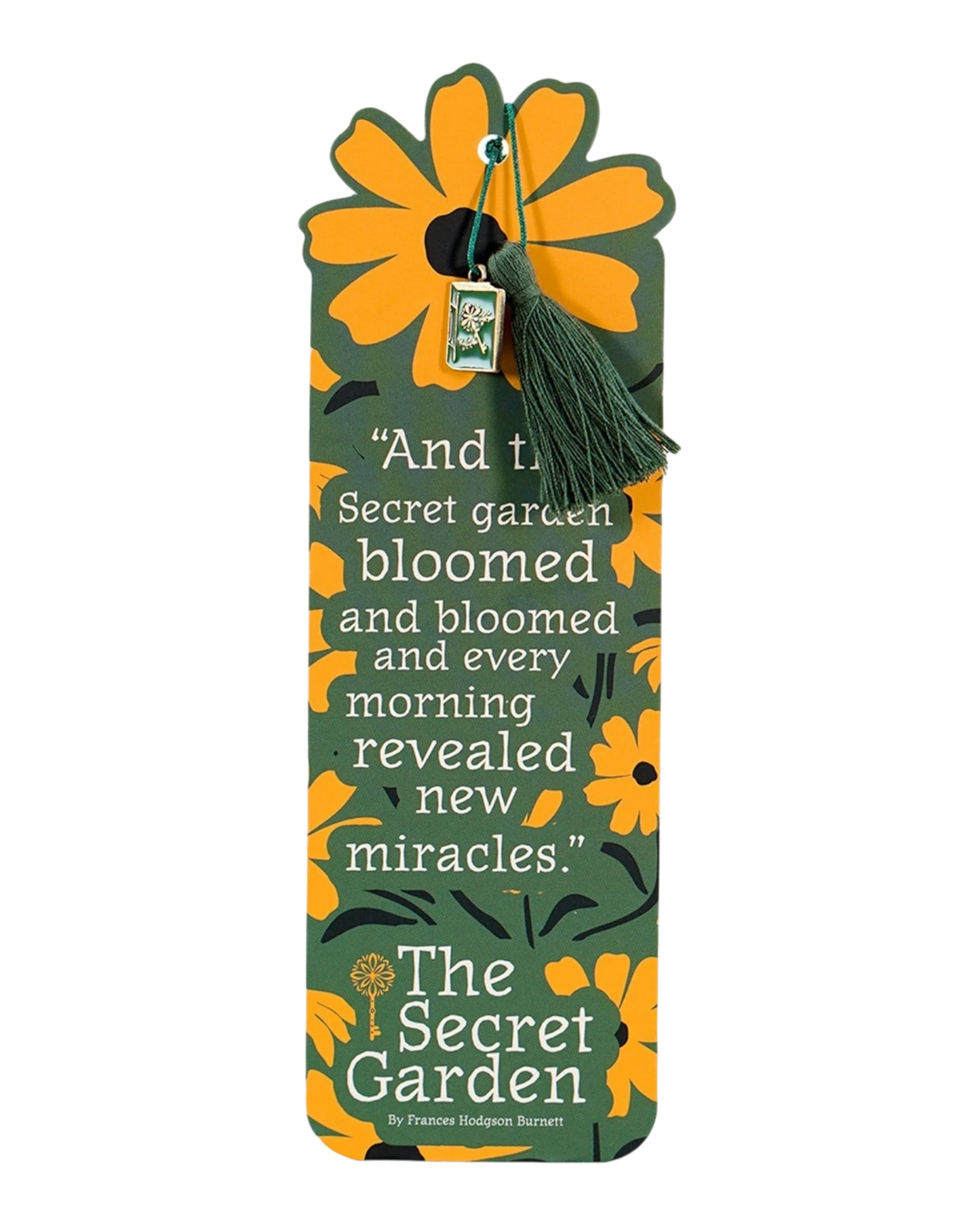 Ripperholics The Secret Garden paper bookmark featuring yellow floral print, green tassel, and decorative metal charm