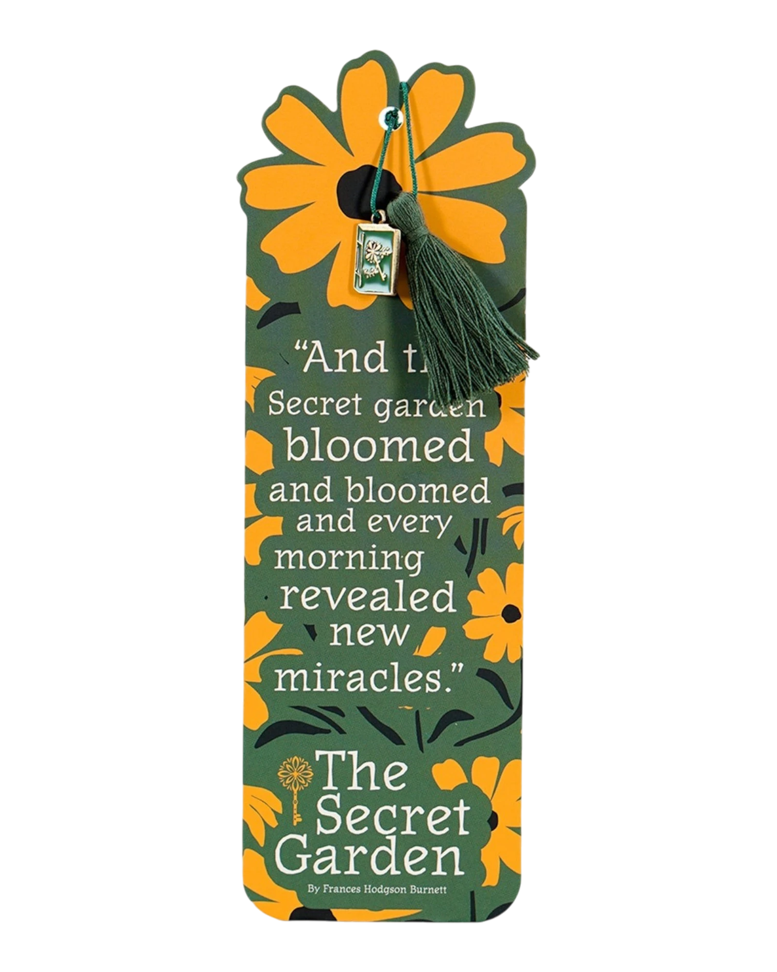 Ripperholics The Secret Garden paper bookmark featuring yellow floral print, green tassel, and decorative metal charm