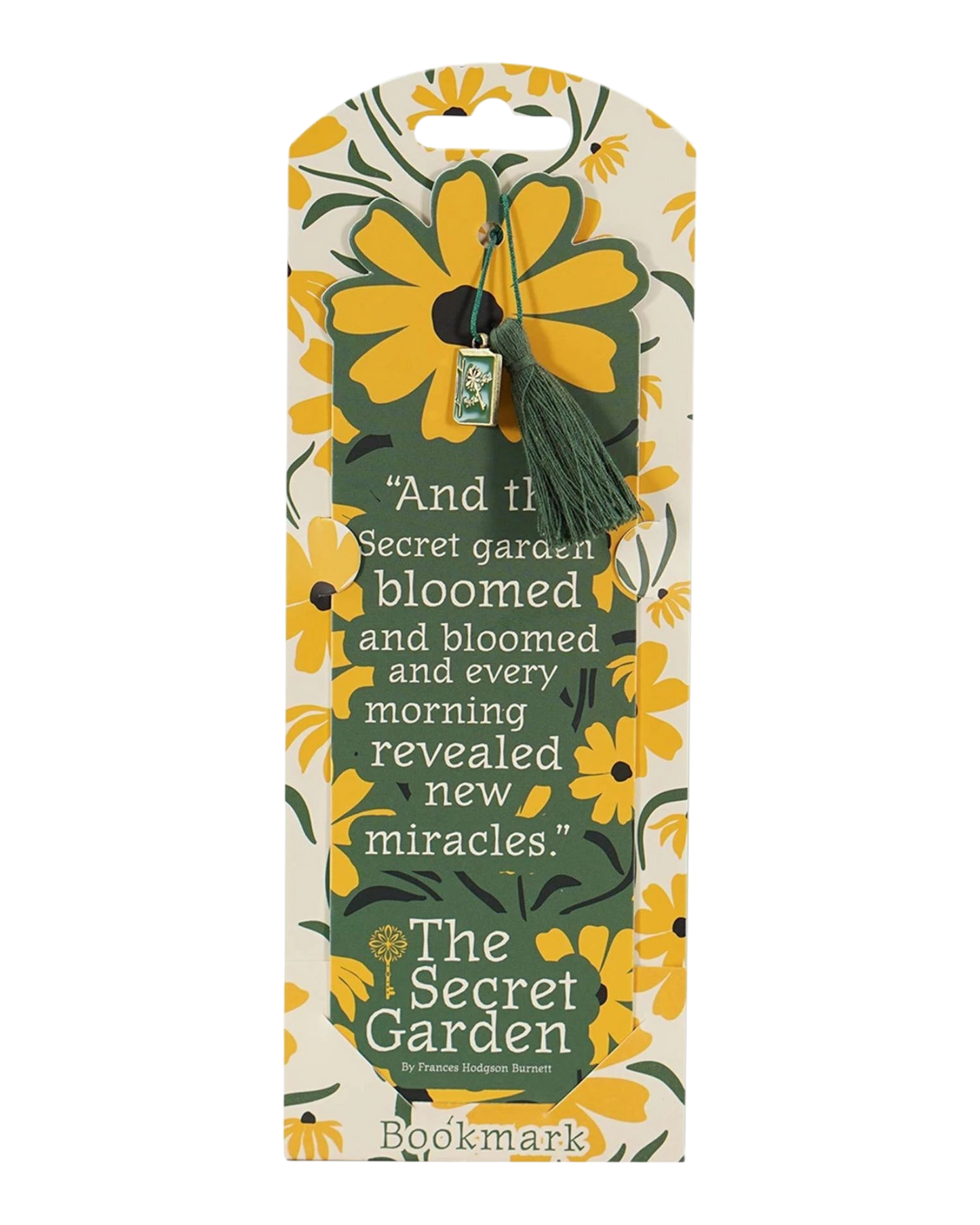 Ripperholics The Secret Garden paper bookmark featuring yellow floral patterns, a green tassel, and a metal charm.
