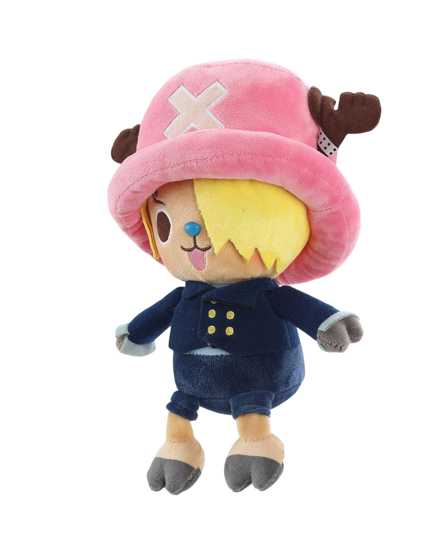 Ripperholics 10-inch Tony Tony Chopper soft toy dressed in a Sanji-inspired navy blue suit and iconic pink hat.
