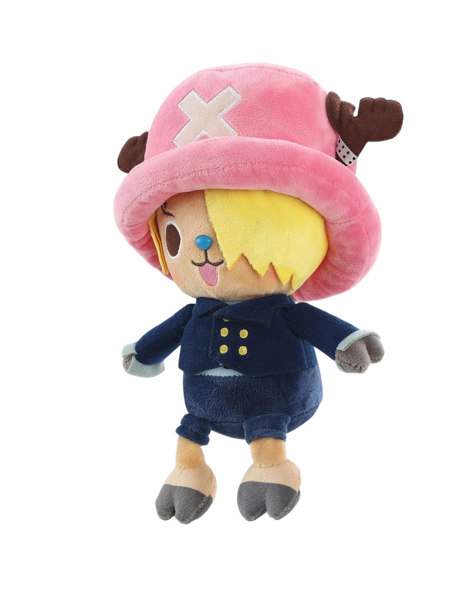 Ripperholics 10-inch Tony Tony Chopper soft toy dressed in a Sanji-inspired navy blue suit and iconic pink hat.