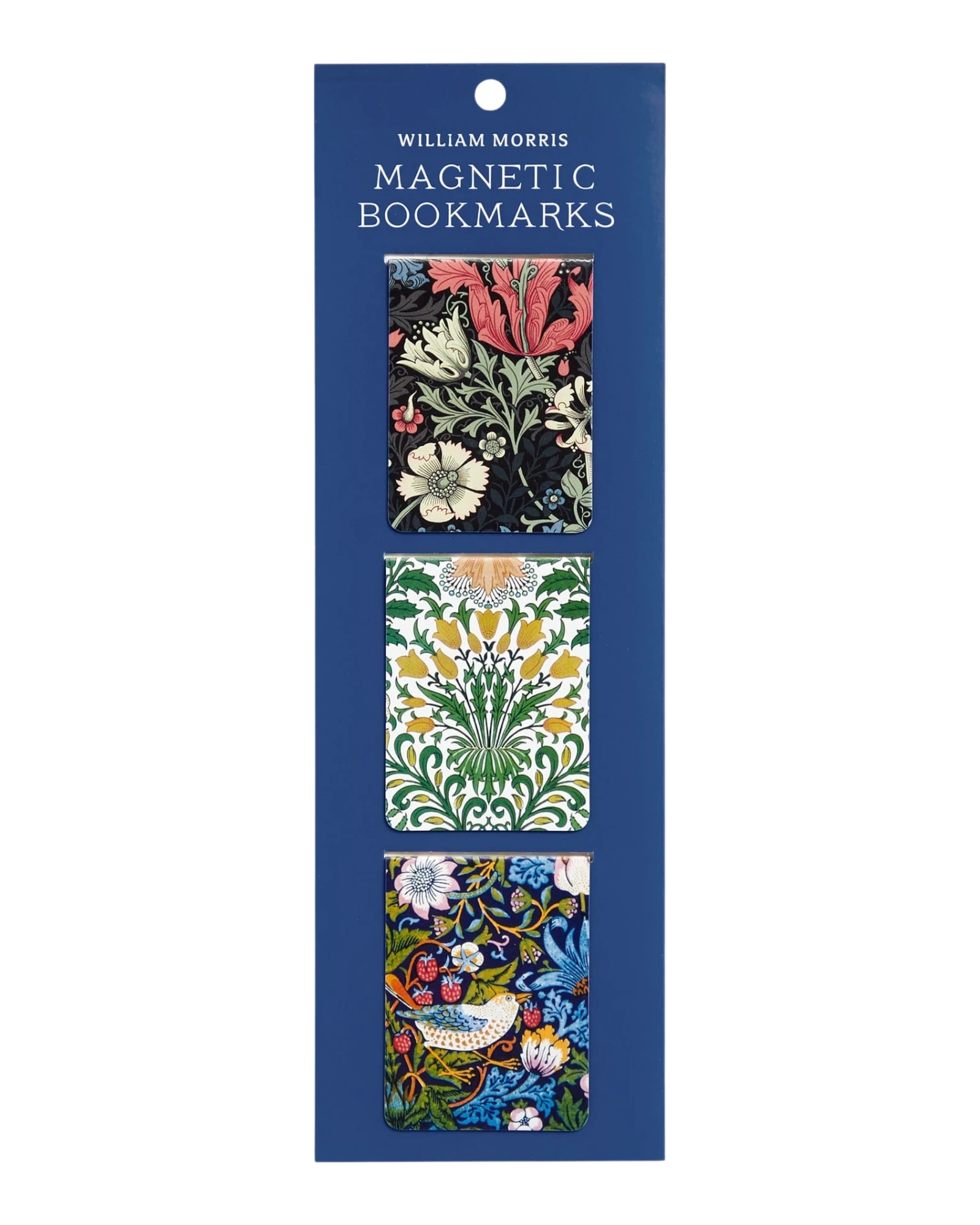 Ripperholics set of three Galison magnetic bookmarks featuring colourful William Morris floral and bird patterns.
