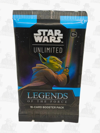 Star Wars Unlimited Legends of the Force booster pack featuring Yoda with lightsaber on dark background.
