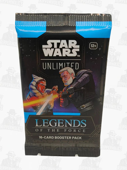 Star Wars Unlimited Legends of the Force TCG booster pack with lightsaber duel artwork and blue accents.
