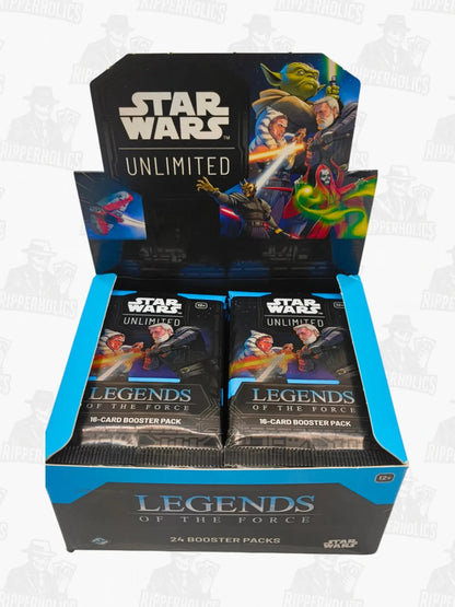 Star Wars Unlimited Legends of the Force Booster Packs in black display box with colorful character art.