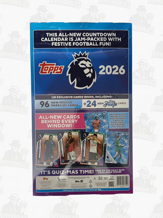 Topps Premier League 2026 Festive Countdown Calendar sealed with blue and white packaging and football-themed graphics.
