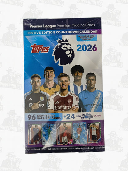 Topps Premier League 2026 festive countdown calendar box featuring five football players and promotional text in blue and.